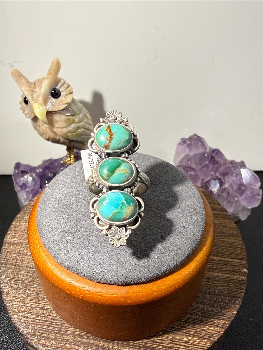 925, Southwest Mojave Turquoise Triple Stone Flower Ring, Adjustable Size